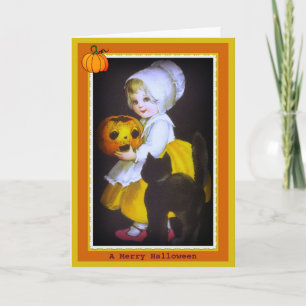 Liten flicka och svart katt Vintage Halloween-kort Kort