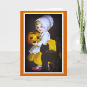 Liten flicka- och svartkattvintageHalloween kort