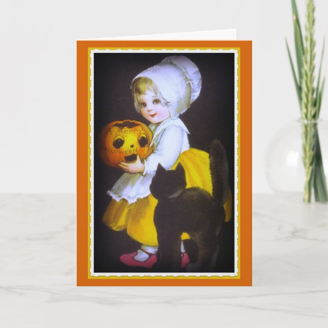 Liten flicka- och svartkattvintageHalloween kort (Framsida)