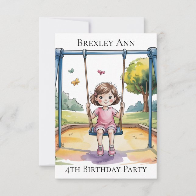Liten flicka på en gunga 4-års födelsedagsfest tack kort (Framsida)