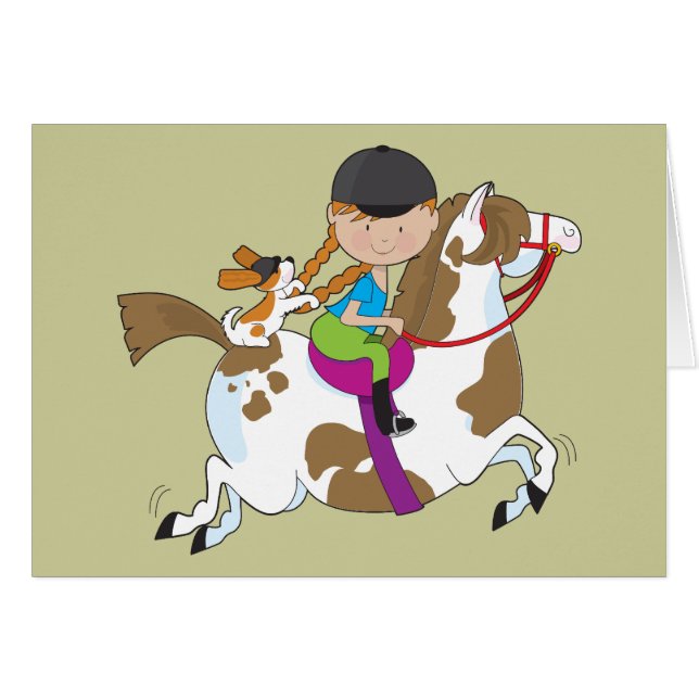 Liten flicka på häst hälsningskort (Framsidan Horizontal)