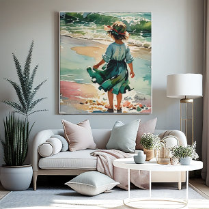 Liten flicka på stranden, vattendjö vinkara, poster