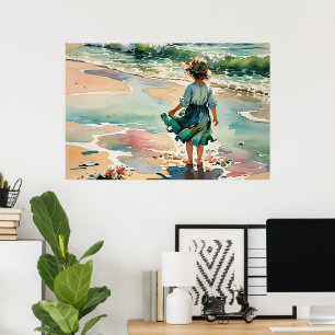 Liten flicka på stranden, vattendjö vinkara, poster