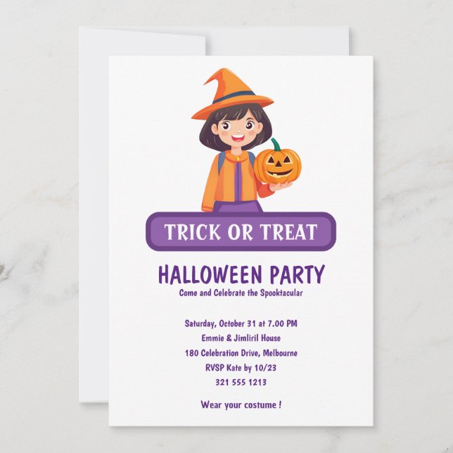 Liten flicka pumpa trick or treat-inbjudan inbjudningar (Framsida)