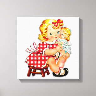 Liten flicka retro vintage docka barn canvastryck