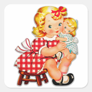 Liten flicka retro vintage docka barn fyrkantigt klistermärke