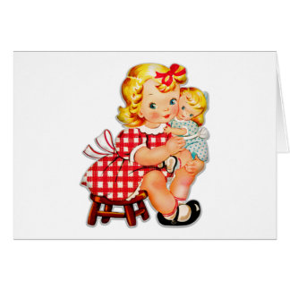 Liten flicka retro vintage docka barn hälsningskort