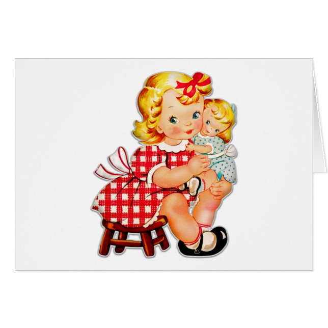 Liten flicka retro vintage docka barn hälsningskort (Framsidan Horizontal)