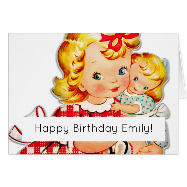 Liten flicka retro vintage docka barn hälsningskort (Framsidan Horizontal)