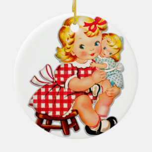 Liten flicka retro vintage docka barn julgransprydnad keramik