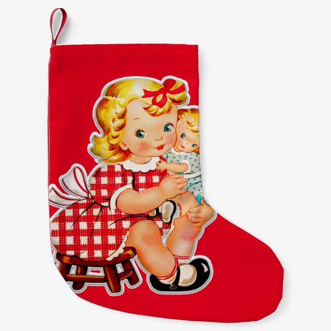 Liten flicka retro vintage docka barn julstrumpa (Framsidan)