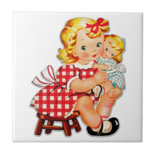 Liten flicka retro vintage docka barn kakelplatta
