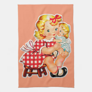 Liten flicka retro vintage docka barn kökshandduk