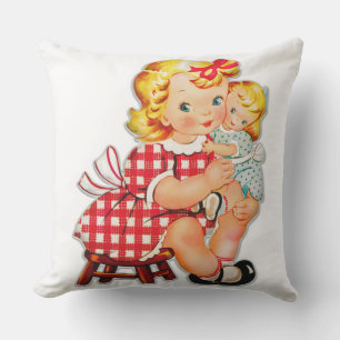 Liten flicka retro vintage docka barn kudde