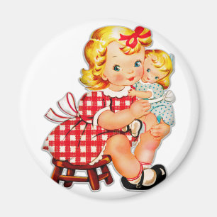 Liten flicka retro vintage docka barn magnet