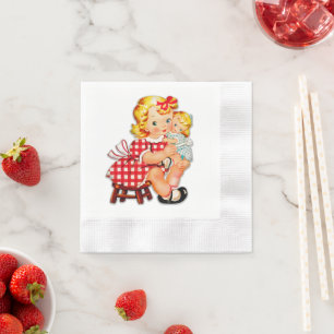 Liten flicka retro vintage docka barn pappersservett