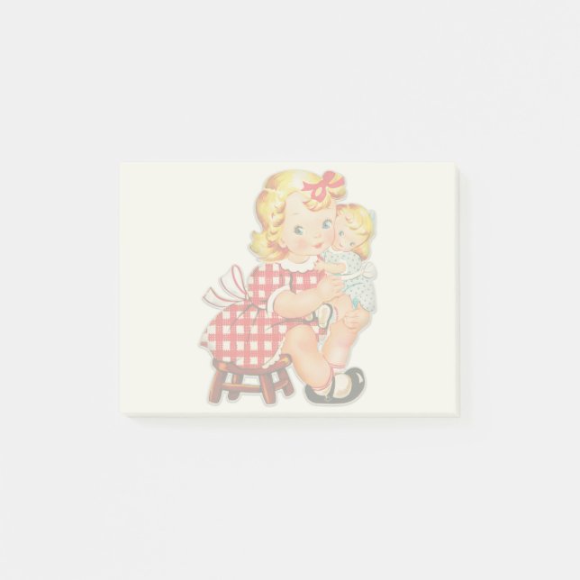 Liten flicka retro vintage docka barn post-it block (Framsida)