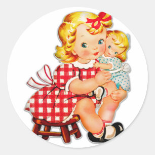 Liten flicka retro vintage docka barn runt klistermärke