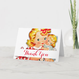 Liten flicka retro vintage docka barn tack kort