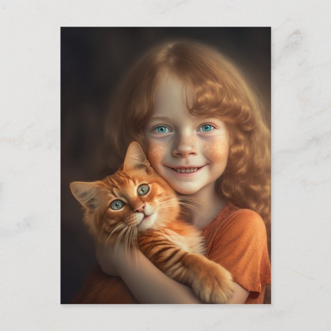 LITEN Flicka & RÖD KATT VYKORT  (Framsida)