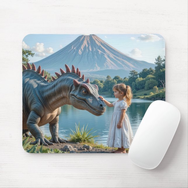 Liten flicka smeker en dinosaurie musmatta (Med mus)