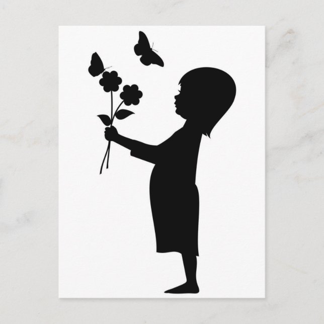 Liten flicka som håller blommor silhouette vykort (Framsida)