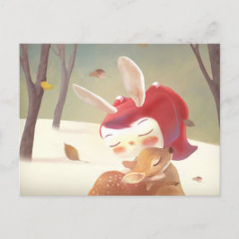 Liten flicka som kramar en hjort meddelande vykort