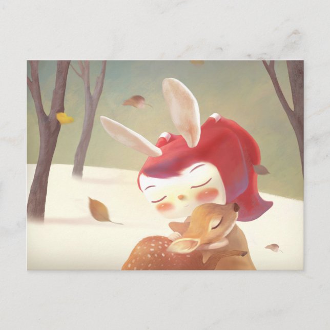 Liten flicka som kramar en hjort meddelande vykort (Framsida)