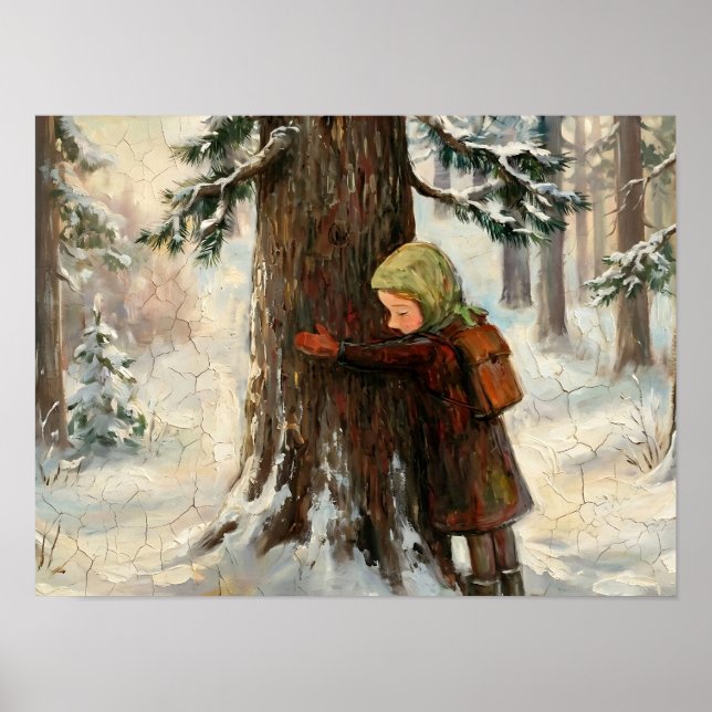 Liten flicka som kramar träd vintermålning poster (Framsidan)