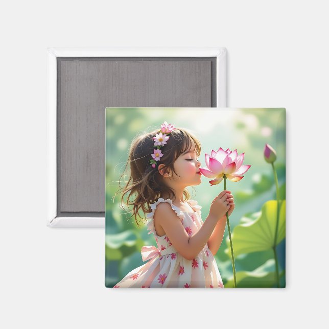 Liten flicka som luktar på en rosa ros Personlig Magnet (Front/Back)