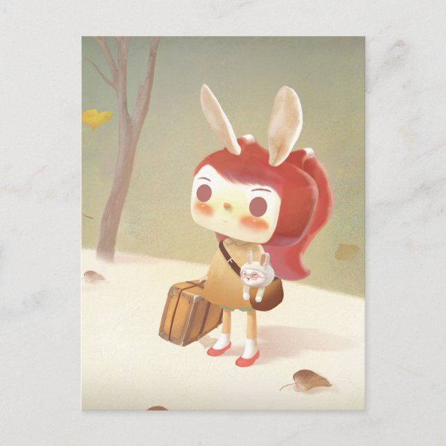 Liten flicka vil försvunnen i skogen meddelande vykort (Framsida)