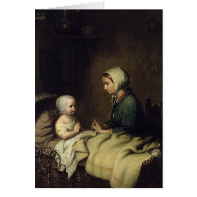 Liten flickaordstäv henne böner i säng hälsningskort (Framsidan)