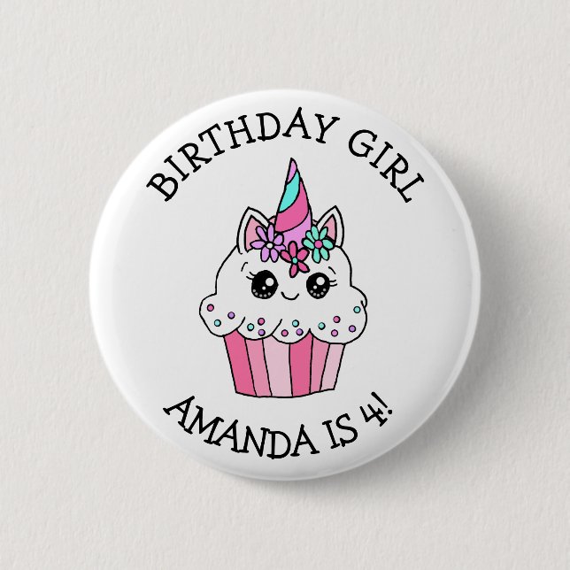 Liten flickas födelsedagsflicka enhörning Cupcake Knapp (Framsida)