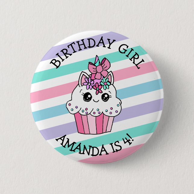 Liten flickas födelsedagsflicka enhörning cupcakes knapp (Framsida)