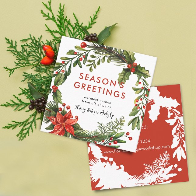 Liten företags julfirande krans Info Fyrkantigt Visitkort (Small Business Christmas Festive Wreath Info Square Business Card)