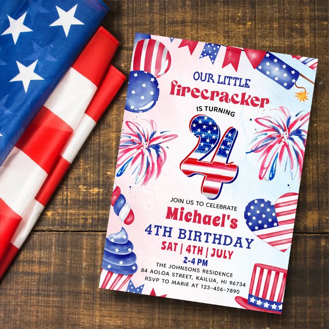 Liten fyrverkeri 4:e juli  4-års födelsedagsfest inbjudningar (Skapare uppladdad)