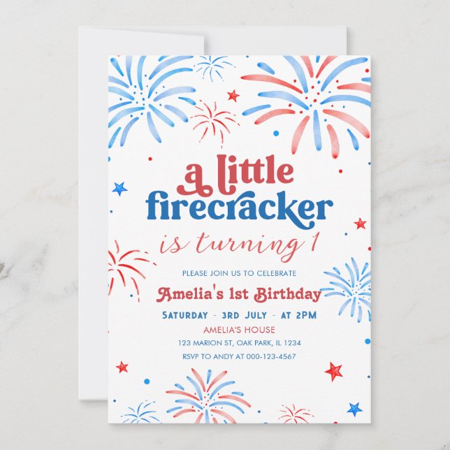 Liten fyrverkeripippa 4 juli 1-års födelsedag inbjudningar (Framsida)
