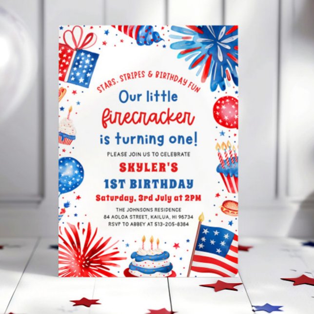 Liten fyrverkeripippa 4 juli 1-års födelsedagsfest inbjudningar (Skapare uppladdad)