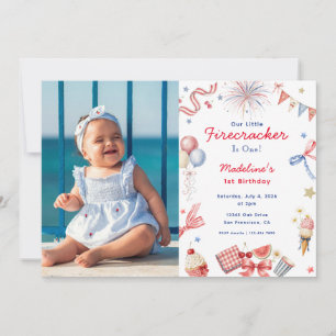 Liten fyrverkeripojke 4 juli 1-års födelsedagsfoto inbjudningar