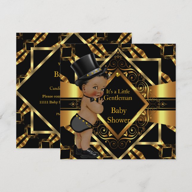 Liten gentleman baby shower guld svart etnisk inbjudningar (Fram/baksida)