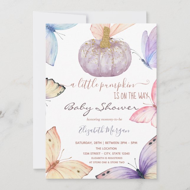Liten glitterpumpa fjärilar baby shower   inbjudningar (Framsida)