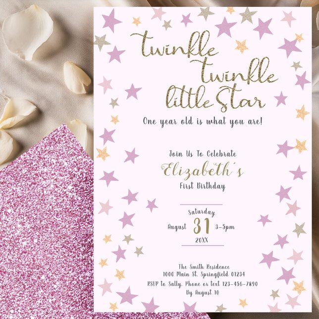 Liten Gnistrande Stjärna Rosa Flickas 1-årsdag Inbjudningar (Skapare uppladdad)