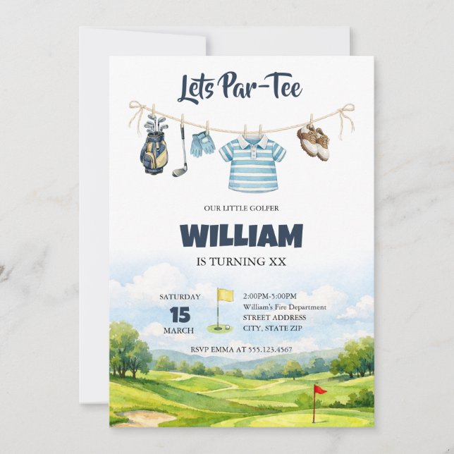 Liten golfare Par-Tee akvarell golf födelsedag Inbjudningar (Framsida)