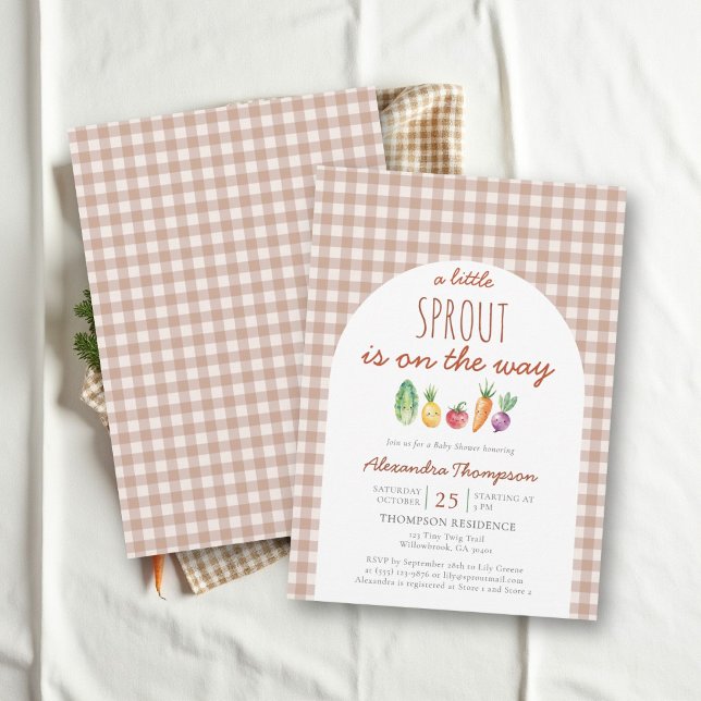 Liten Groda Grönsaker Båge Gård Höst Bebis Shower Inbjudningar (little sprout fall baby shower invitation earthy tan green brown terracotta hand drawn gingham)