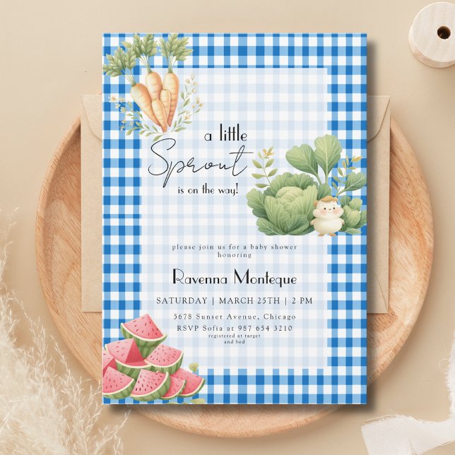 Liten Grodd Blå Rutig Vegobarn Baby Shower Inbjudningar (Skapare uppladdad)