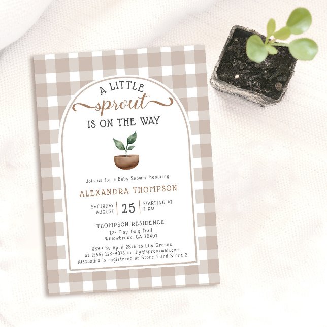 Liten Grodd Boho Akvarell Neutral Bebis-fest Inbjudningar (little sprout baby shower invitation rustic girl boy neutral gingham plant boho arch cute watercolor)
