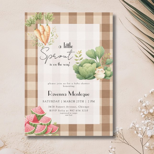 Liten Grodd Brun Gingham Veggie Baby Shower Inbjudningar (Skapare uppladdad)