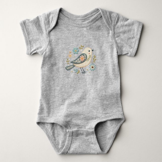 Liten grön fågel Blommig baby bodysuit T Shirt (Framsida)