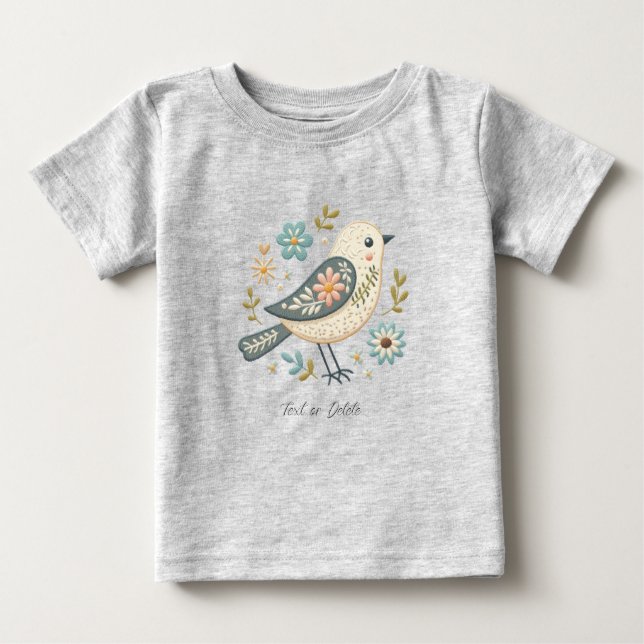 Liten grön fågel Blommig baby-t-shirt T Shirt (Framsida)