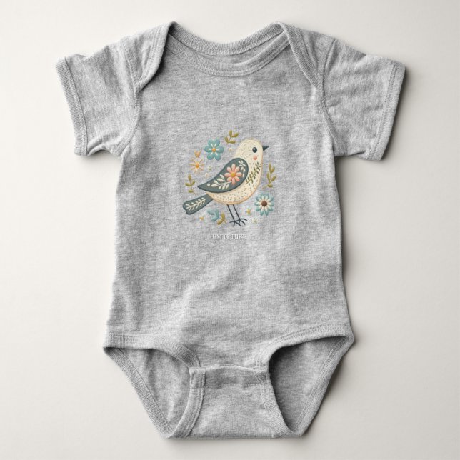 Liten grön fågel Blommig babybodys T Shirt (Framsida)